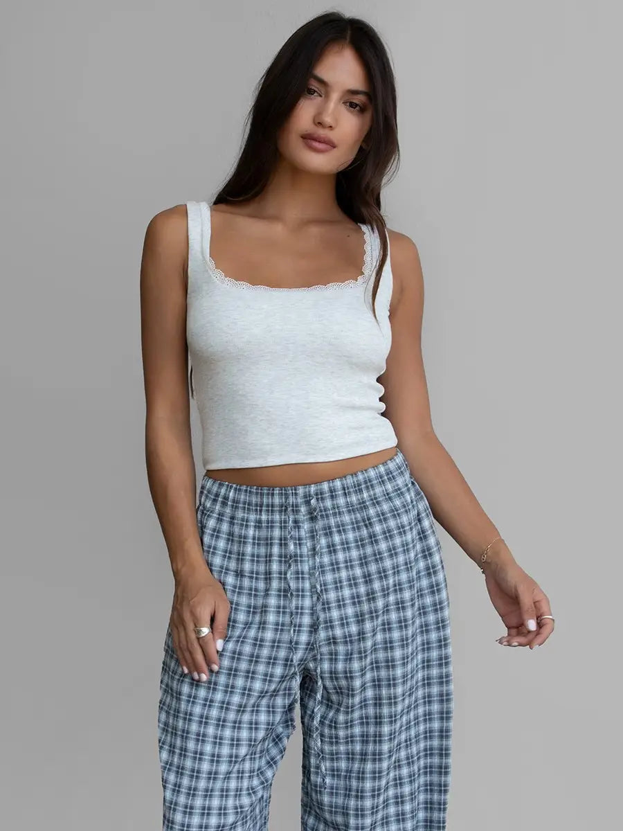 DILLON Plaid Gauze Trouser Pants: Grey Multi