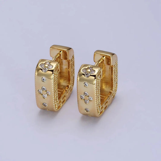 24K Gold Filled Clear Quatrefoil CZ Square Huggies Earrings | AB196