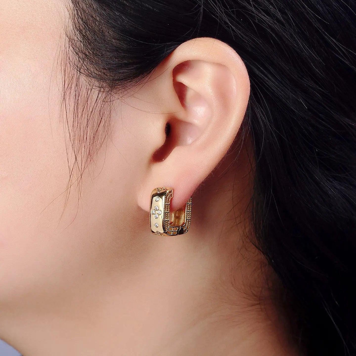 24K Gold Filled Clear Quatrefoil CZ Square Huggies Earrings | AB196