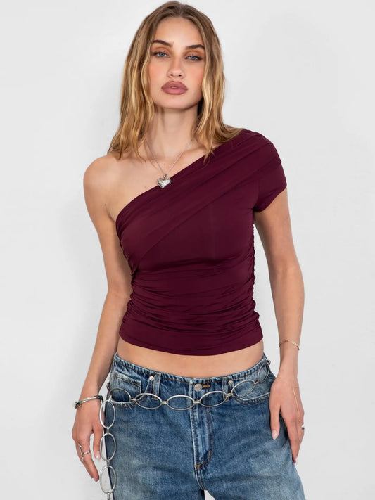AZURE One Shoulder Short Sleeve Elevated Basic Top: Black Cherry