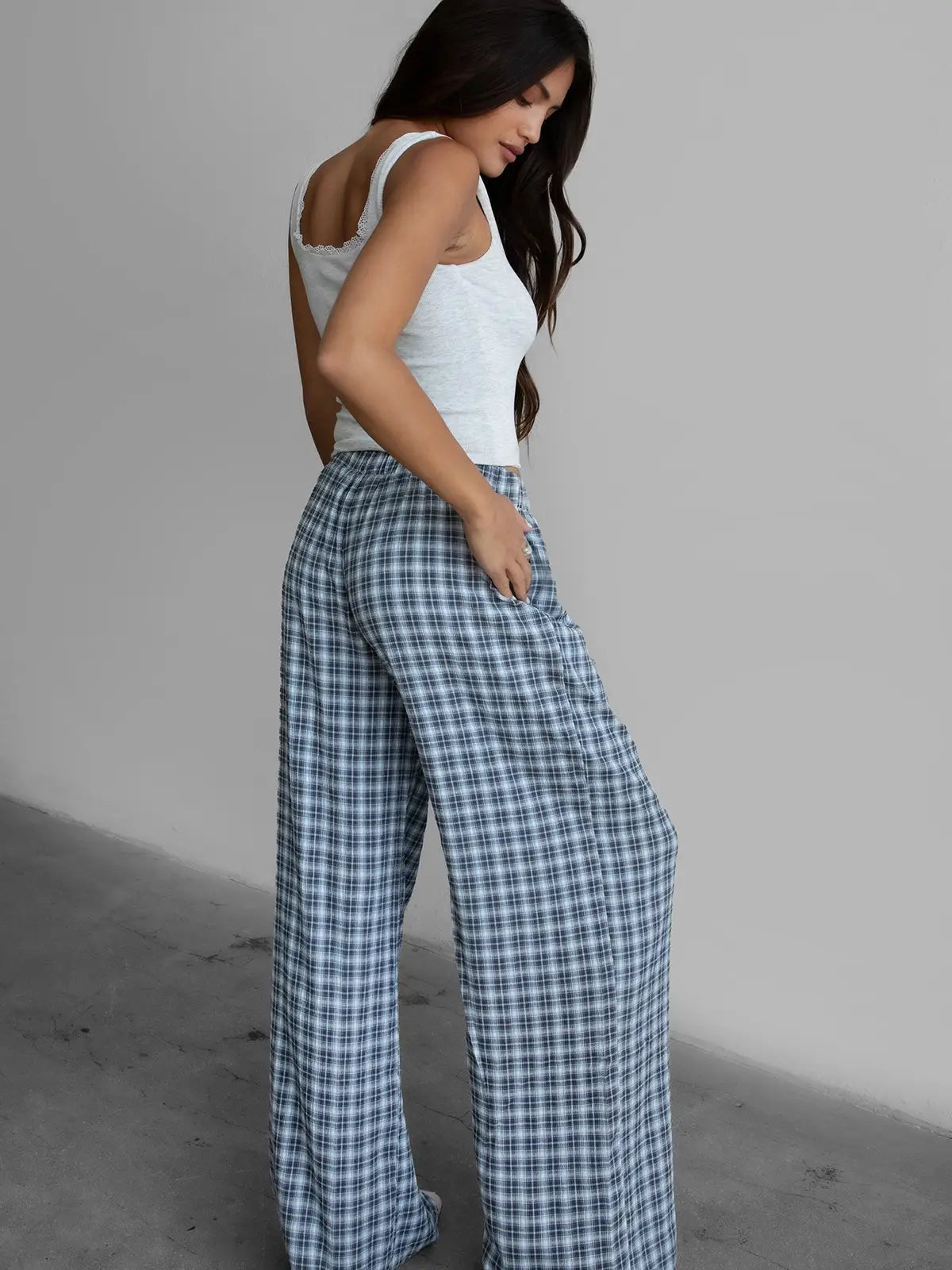 DILLON Plaid Gauze Trouser Pants: Grey Multi