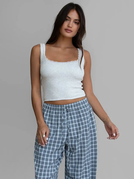 DILLON Plaid Gauze Trouser Pants: Grey Multi