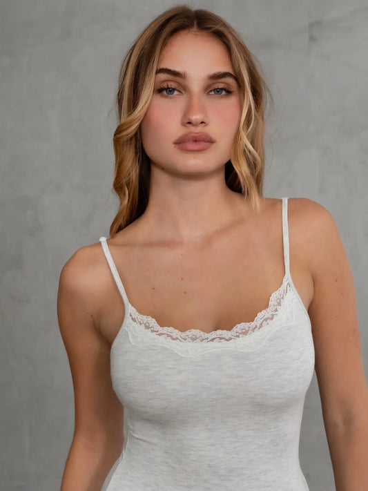 HARVEY Lace Trim Bodysuit Unitard: Heather White