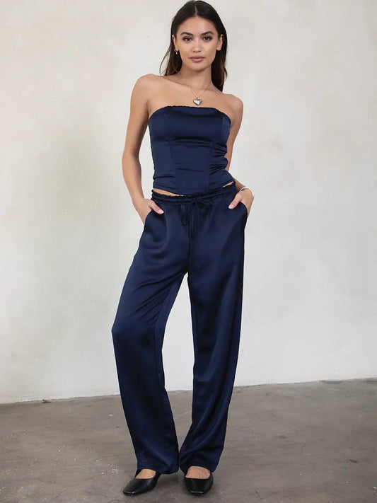 JULYANA Stretch Satin Pants Set 
 TPH29885-JULYANA: NAVY