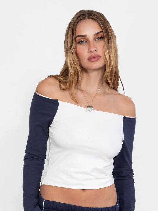 NIMAH Off The Shoulder Long Sleeve Top: White Navy