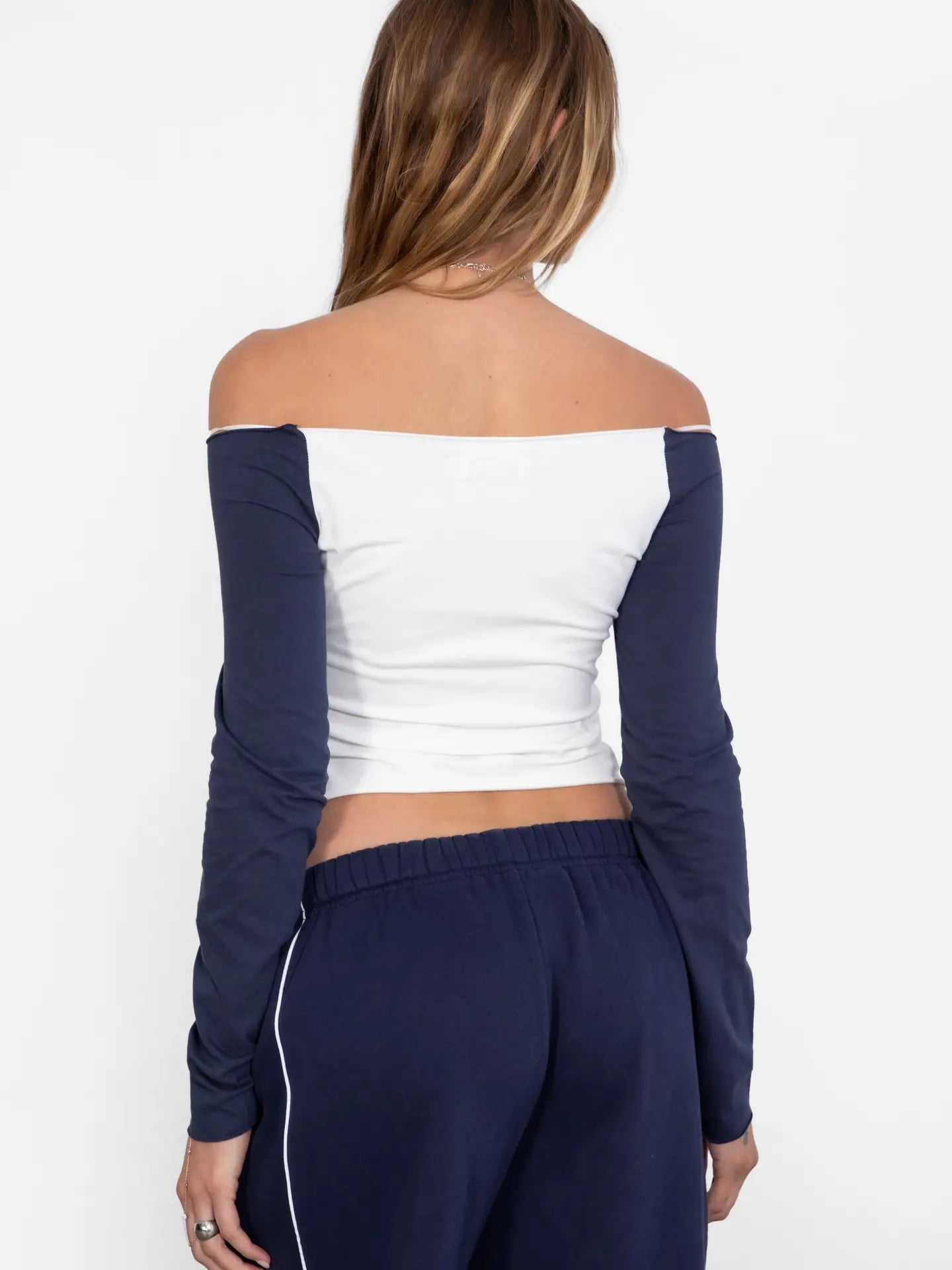 NIMAH Off The Shoulder Long Sleeve Top: White Navy