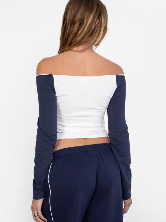 NIMAH Off The Shoulder Long Sleeve Top: White Navy