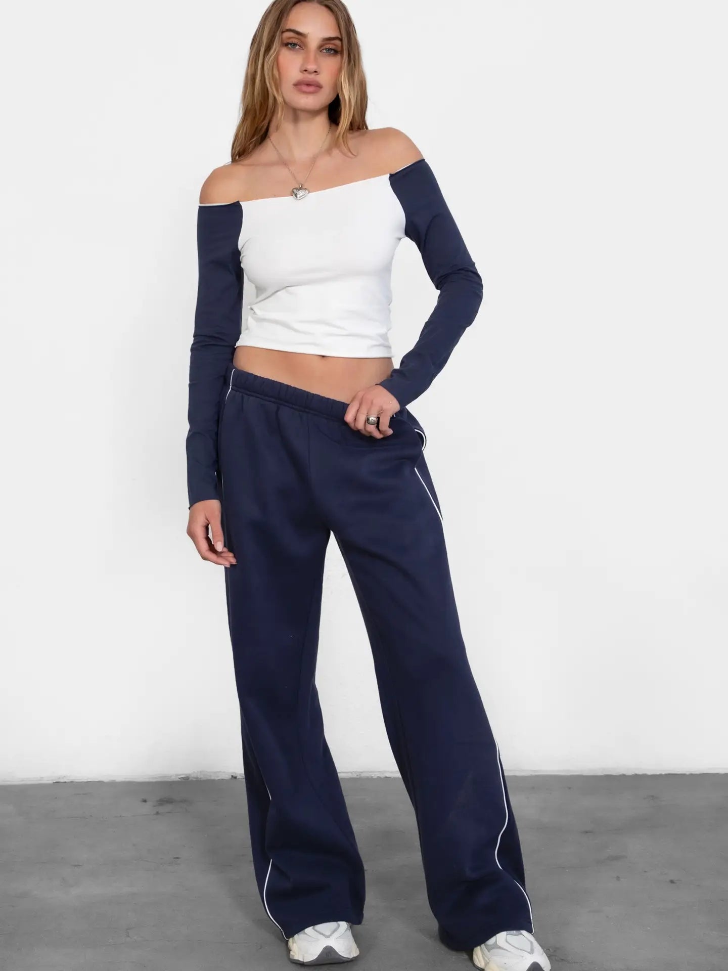 NIMAH Off The Shoulder Long Sleeve Top: White Navy